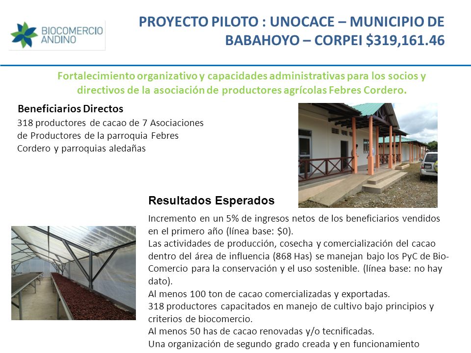 PROYECTO PILOTO : UNOCACE – MUNICIPIO DE BABAHOYO – CORPEI $319,161.46