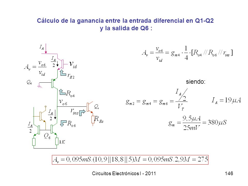 Cálculo de la ganancia entre la entrada diferencial en Q1-Q2