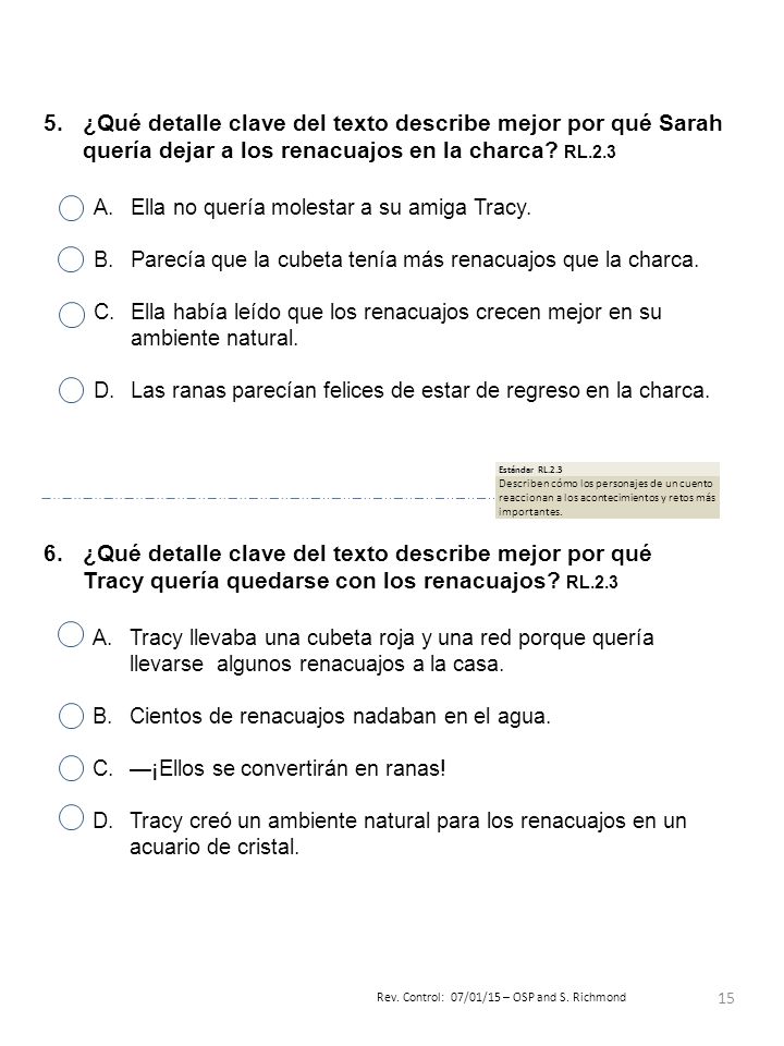 ¿Qué detalle clave del texto describe mejor por qué Sarah quería dejar a los renacuajos en la charca RL.2.3