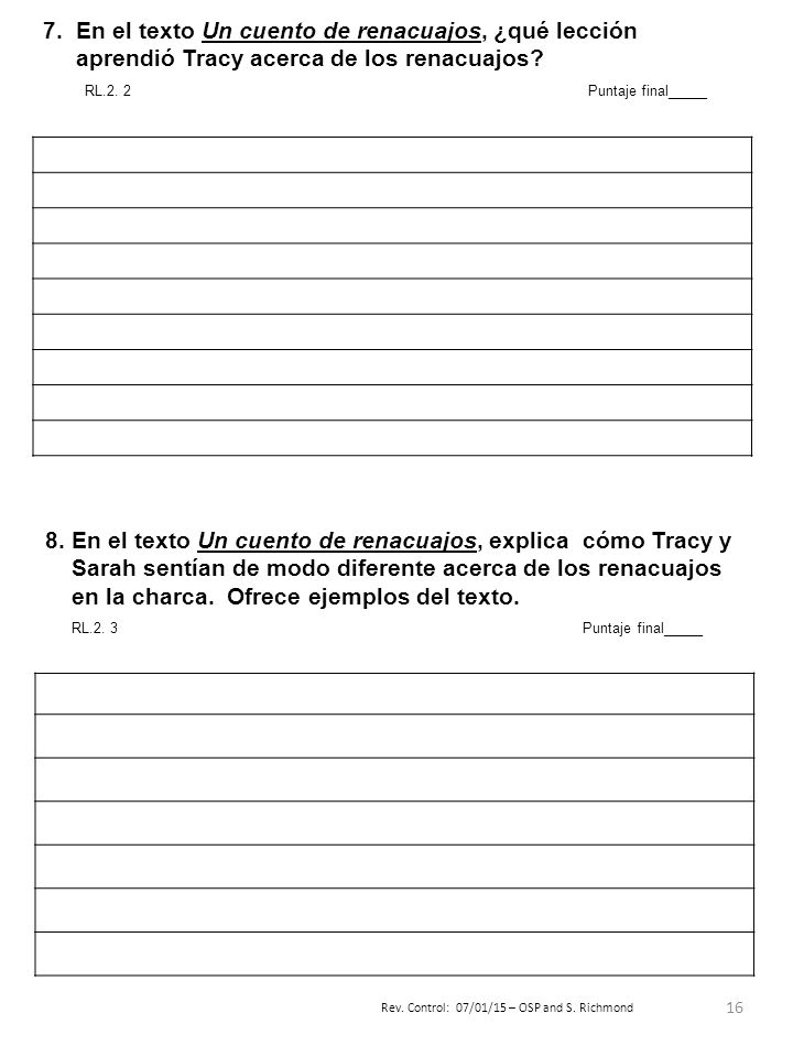 7. En el texto Un cuento de renacuajos, ¿qué lección aprendió Tracy acerca de los renacuajos