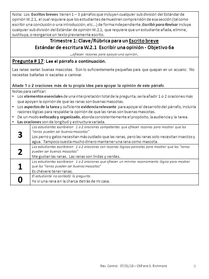 3 2 1 Trimestre 1: Clave/Rúbrica para un Escrito breve
