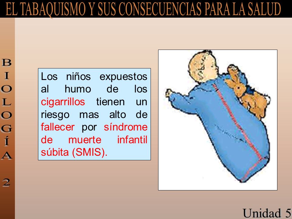 Los niños expuestos al humo de los cigarrillos tienen un riesgo mas alto de fallecer por síndrome de muerte infantil súbita (SMIS).