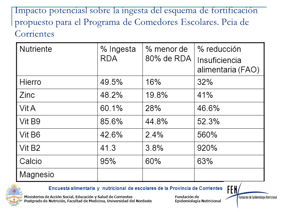 Impacto potenciasl sobre la ingesta del esquema de fortificación propuesto para el Programa de Comedores Escolares. Pcia de Corrientes