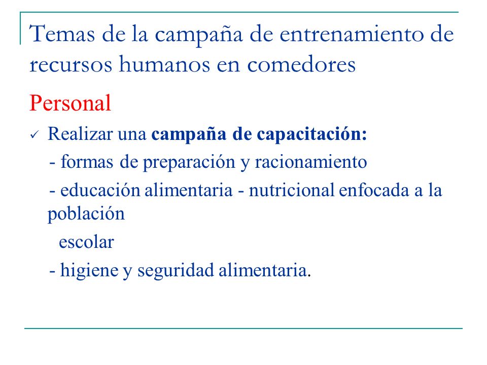Temas de la campaña de entrenamiento de recursos humanos en comedores