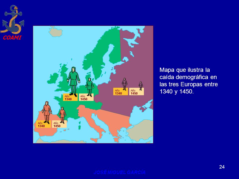 Mapa que ilustra la caída demográfica en las tres Europas entre 1340 y 1450.