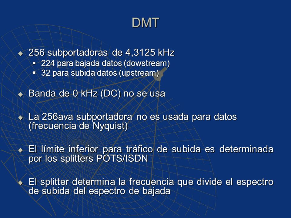 DMT 256 subportadoras de 4,3125 kHz Banda de 0 kHz (DC) no se usa