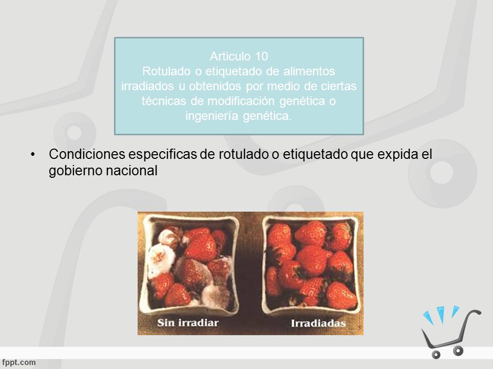 Articulo 10 Rotulado o etiquetado de alimentos irradiados u obtenidos por medio de ciertas técnicas de modificación genética o ingeniería genética.
