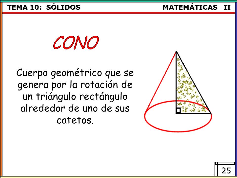 CONO Cuerpo geométrico que se genera por la rotación de un triángulo rectángulo alrededor de uno de sus catetos.