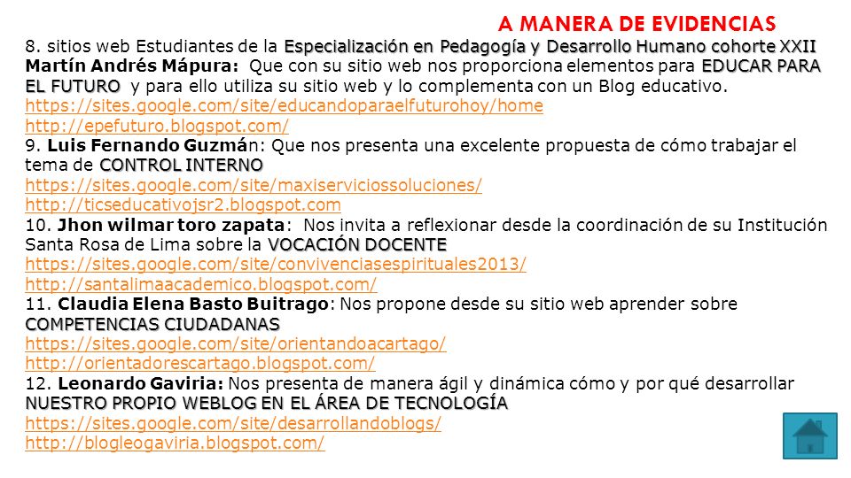 A MANERA DE EVIDENCIAS 8. sitios web Estudiantes de la Especialización en Pedagogía y Desarrollo Humano cohorte XXII.