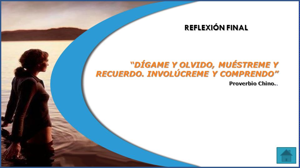 REFLEXIÓN FINAL DÍGAME Y OLVIDO, MUÉSTREME Y RECUERDO. INVOLÚCREME Y COMPRENDO Proverbio Chino..