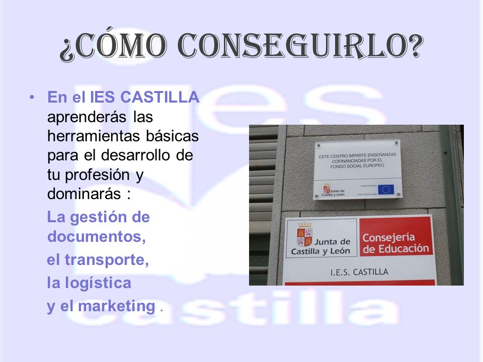 ¿CÓMO CONSEGUIRLO En el IES CASTILLA aprenderás las herramientas básicas para el desarrollo de tu profesión y dominarás :