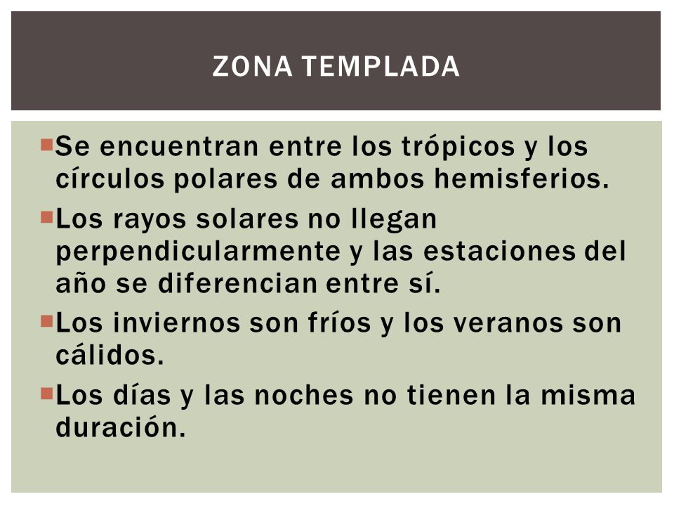 Zona templada Se encuentran entre los trópicos y los círculos polares de ambos hemisferios.