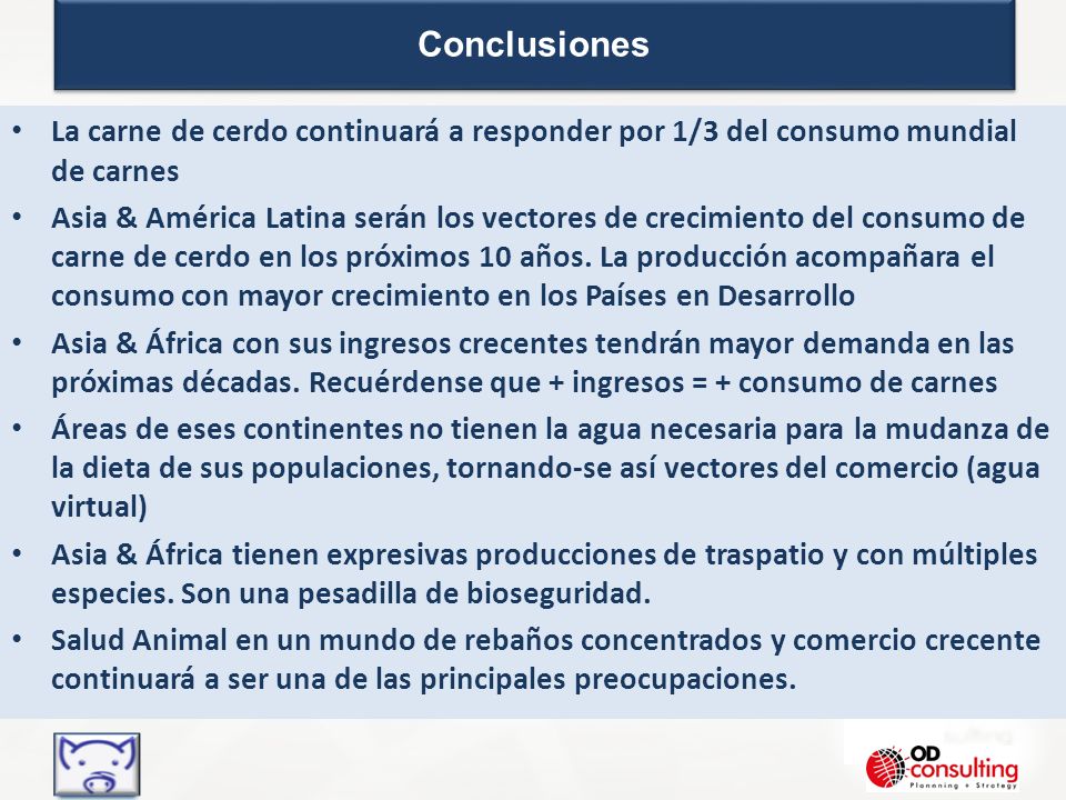 Conclusiones La carne de cerdo continuará a responder por 1/3 del consumo mundial de carnes.