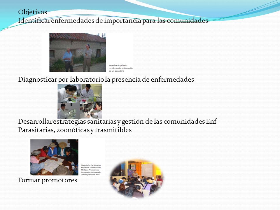 Objetivos Identificar enfermedades de importancia para las comunidades. Diagnosticar por laboratorio la presencia de enfermedades.