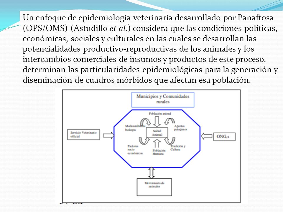 Un enfoque de epidemiologia veterinaria desarrollado por Panaftosa (OPS/OMS) (Astudillo et al.) considera que las condiciones políticas, económicas, sociales y culturales en las cuales se desarrollan las potencialidades productivo-reproductivas de los animales y los intercambios comerciales de insumos y productos de este proceso, determinan las particularidades epidemiológicas para la generación y diseminación de cuadros mórbidos que afectan esa población.
