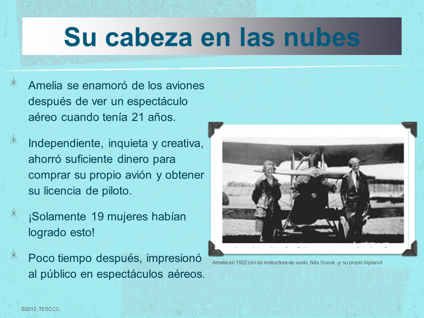 Su cabeza en las nubes Amelia se enamoró de los aviones después de ver un espectáculo aéreo cuando tenía 21 años.