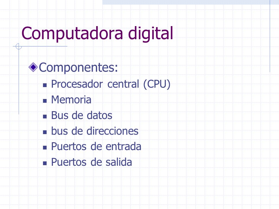 Computadora digital Componentes: Procesador central (CPU) Memoria