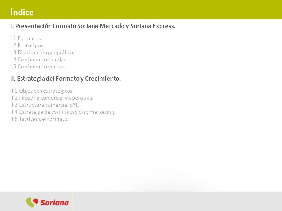 Índice I. Presentación Formato Soriana Mercado y Soriana Express.
