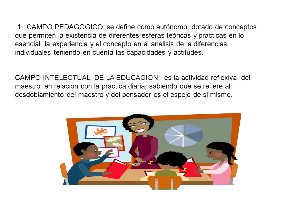 1. CAMPO PEDAGOGICO: se define como autónomo, dotado de conceptos que permiten la existencia de diferentes esferas teóricas y practicas en lo esencial la experiencia y el concepto en el análisis de la diferencias individuales teniendo en cuenta las capacidades y actitudes.