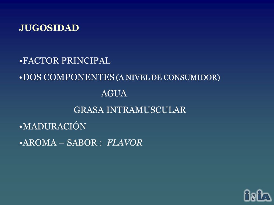 JUGOSIDAD FACTOR PRINCIPAL. DOS COMPONENTES (A NIVEL DE CONSUMIDOR) AGUA. GRASA INTRAMUSCULAR. MADURACIÓN.