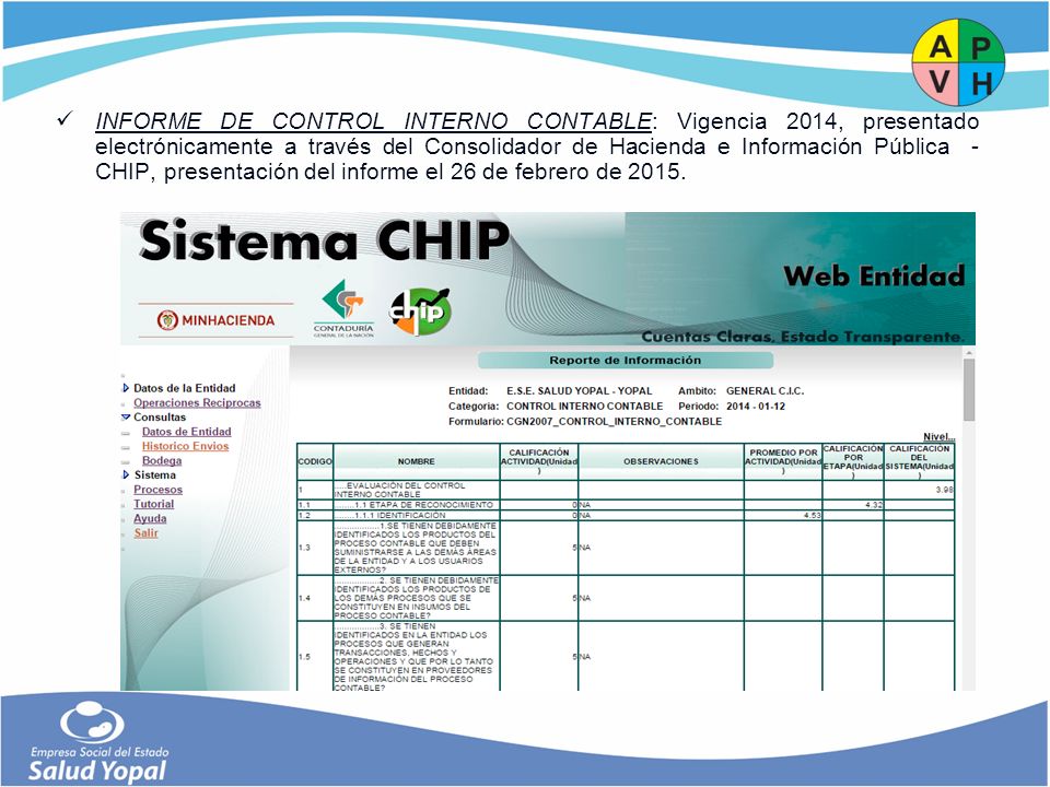 INFORME DE CONTROL INTERNO CONTABLE: Vigencia 2014, presentado electrónicamente a través del Consolidador de Hacienda e Información Pública - CHIP, presentación del informe el 26 de febrero de 2015.