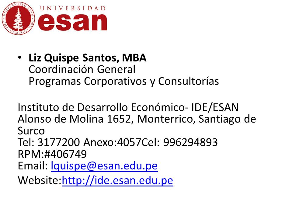 Liz Quispe Santos, MBA Coordinación General Programas Corporativos y Consultorías