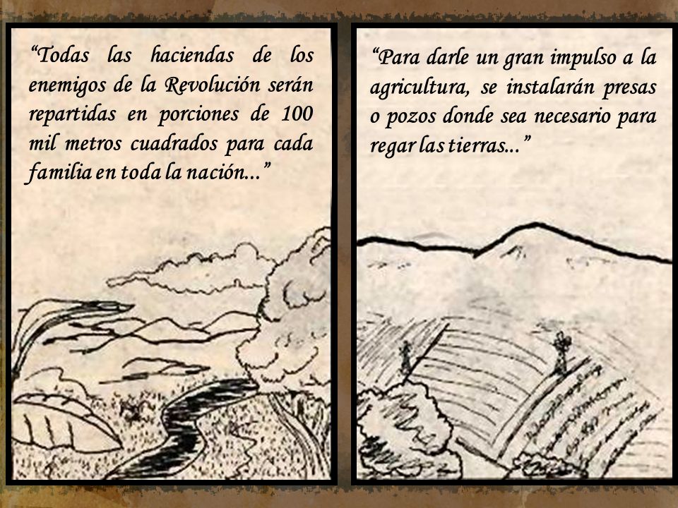 Todas las haciendas de los enemigos de la Revolución serán repartidas en porciones de 100 mil metros cuadrados para cada familia en toda la nación...