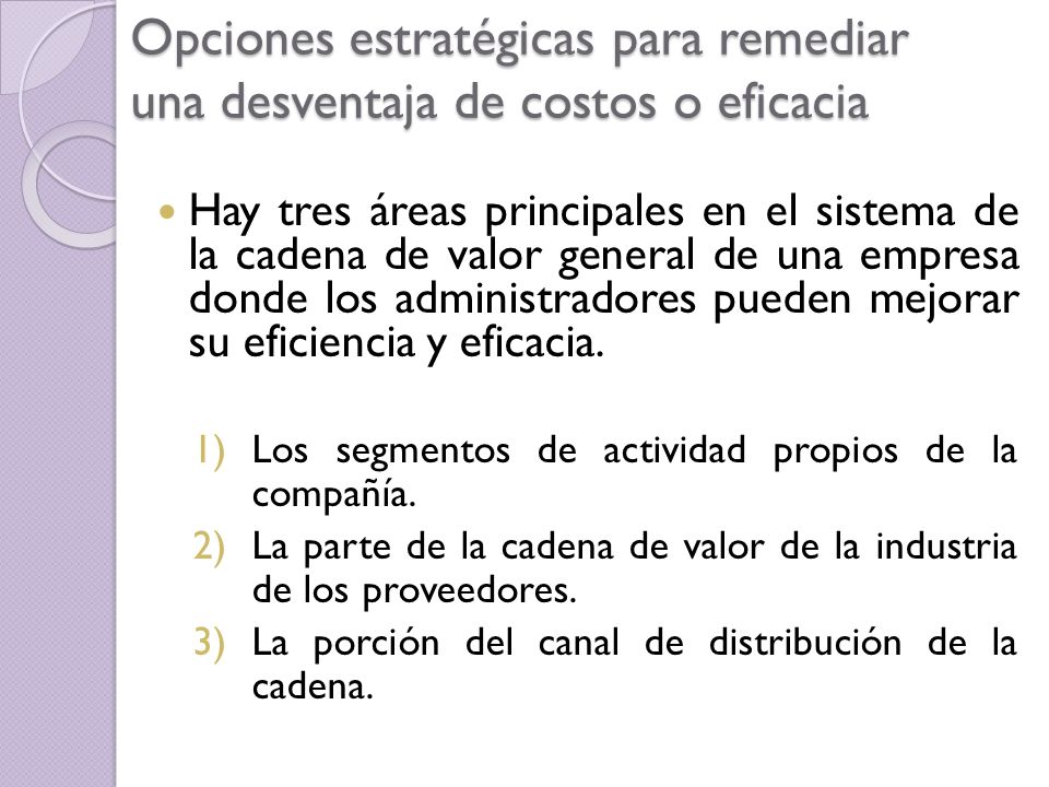 Opciones estratégicas para remediar una desventaja de costos o eficacia