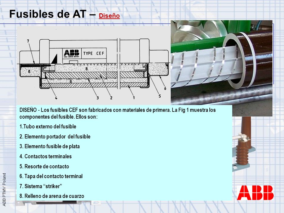 Fusibles de AT – Diseño DISEÑO - Los fusibles CEF son fabricados con materiales de primera. La Fig 1 muestra los componentes del fusible. Ellos son: