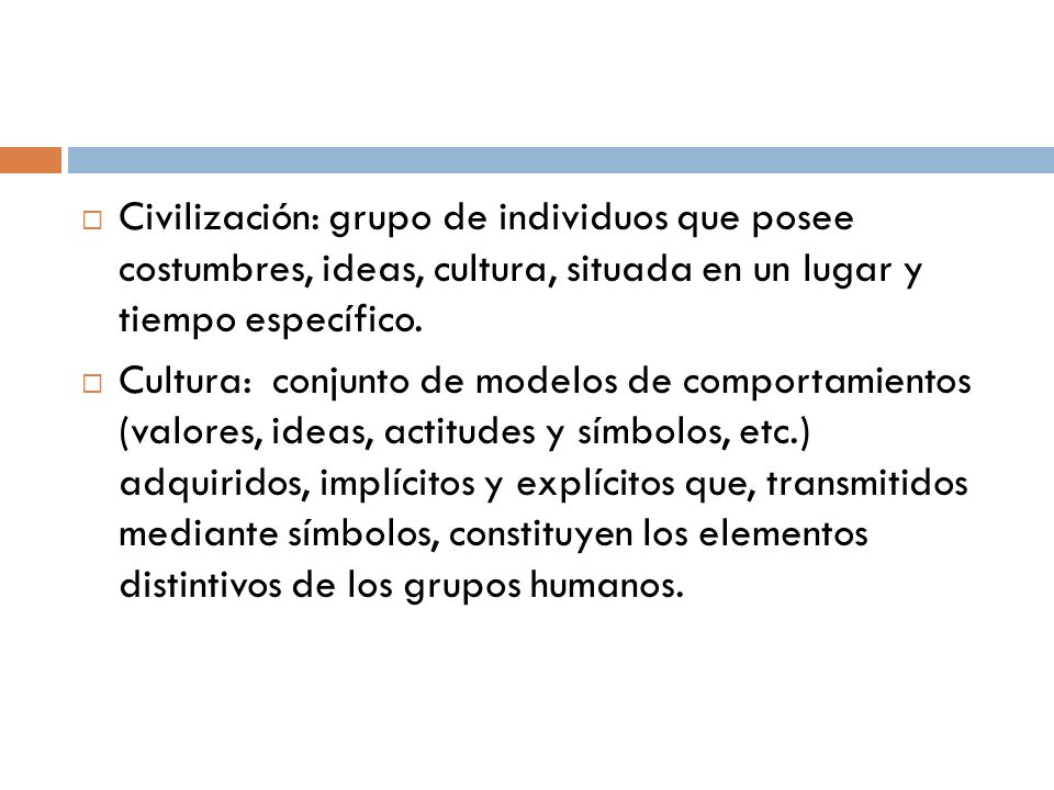 Civilización: grupo de individuos que posee costumbres, ideas, cultura, situada en un lugar y tiempo específico.