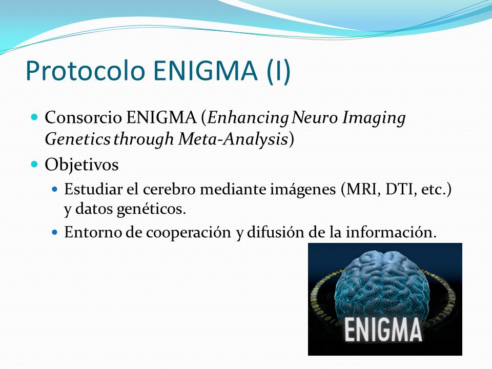 Protocolo ENIGMA (I) Consorcio ENIGMA (Enhancing Neuro Imaging Genetics through Meta-Analysis) Objetivos.