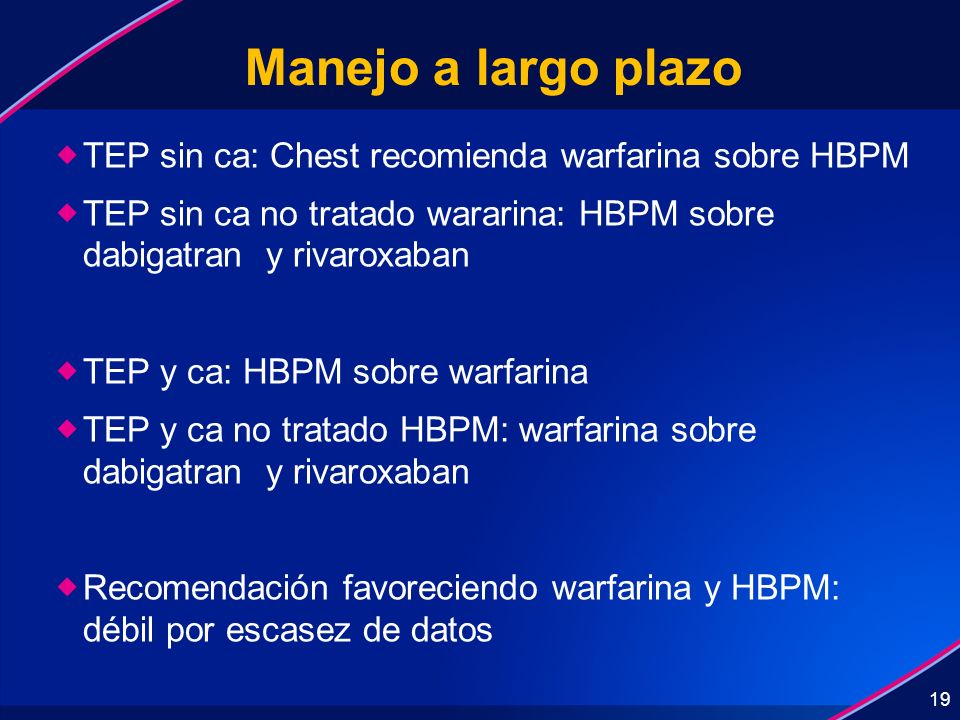 Manejo a largo plazo TEP sin ca: Chest recomienda warfarina sobre HBPM