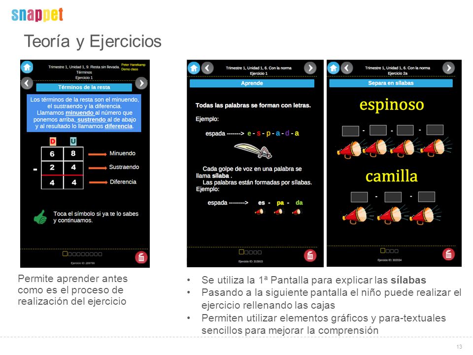 Teoría y Ejercicios Permite aprender antes como es el proceso de realización del ejercicio. Se utiliza la 1ª Pantalla para explicar las sílabas.