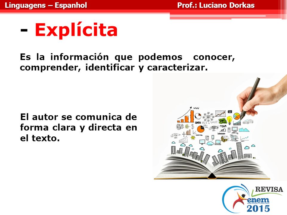 Linguagens – Espanhol Prof.: Luciano Dorkas. - Explícita. Es la información que podemos conocer, comprender, identificar y caracterizar.