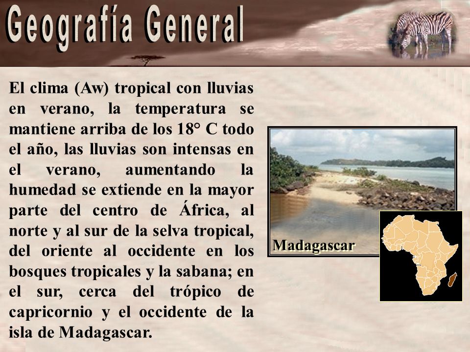 El clima (Aw) tropical con lluvias en verano, la temperatura se mantiene arriba de los 18° C todo el año, las lluvias son intensas en el verano, aumentando la humedad se extiende en la mayor parte del centro de África, al norte y al sur de la selva tropical, del oriente al occidente en los bosques tropicales y la sabana; en el sur, cerca del trópico de capricornio y el occidente de la isla de Madagascar.