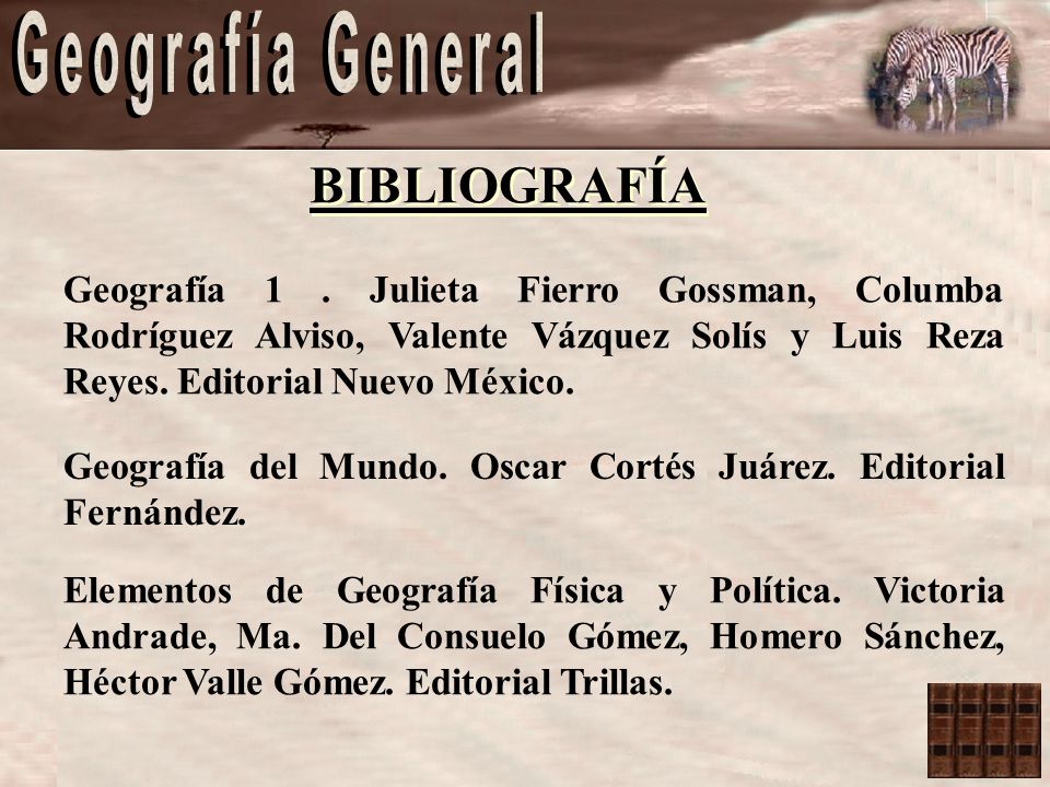 BIBLIOGRAFÍA Geografía 1 . Julieta Fierro Gossman, Columba Rodríguez Alviso, Valente Vázquez Solís y Luis Reza Reyes. Editorial Nuevo México.
