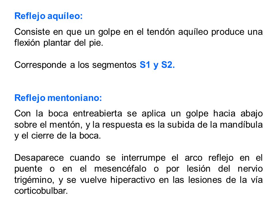 Reflejo aquíleo: Consiste en que un golpe en el tendón aquíleo produce una flexión plantar del pie.