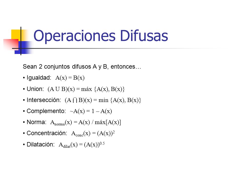 Operaciones Difusas Sean 2 conjuntos difusos A y B, entonces…