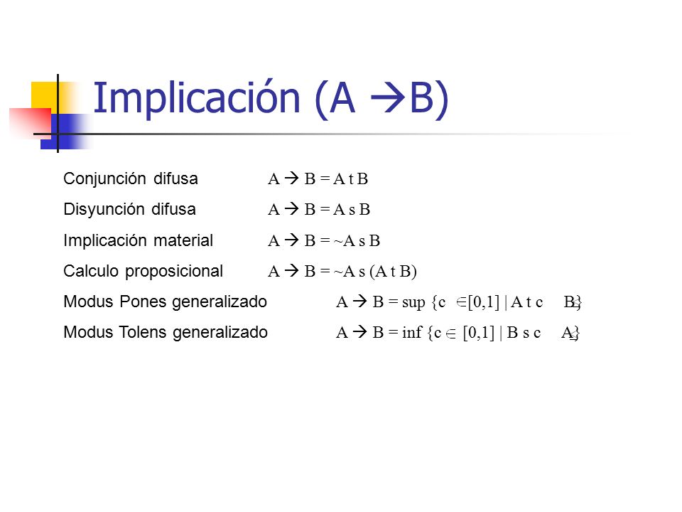 Implicación (A B) Conjunción difusa A  B = A t B