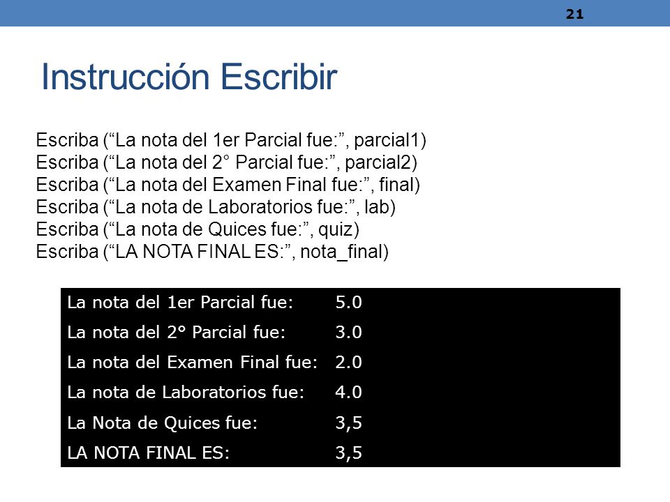 Instrucción Escribir Escriba ( La nota del 1er Parcial fue: , parcial1) Escriba ( La nota del 2° Parcial fue: , parcial2)