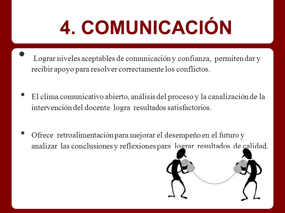 4. COMUNICACIÓN Lograr niveles aceptables de comunicación y confianza, permiten dar y recibir apoyo para resolver correctamente los conflictos.