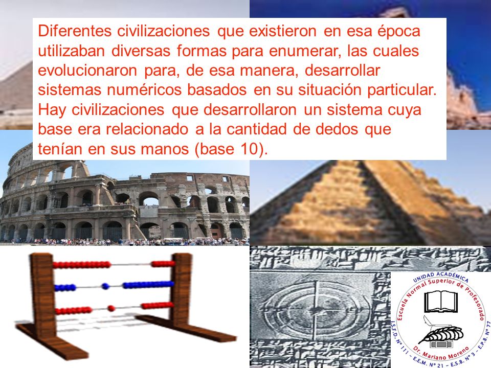 Diferentes civilizaciones que existieron en esa época utilizaban diversas formas para enumerar, las cuales evolucionaron para, de esa manera, desarrollar sistemas numéricos basados en su situación particular.