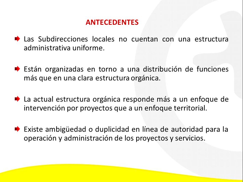 ANTECEDENTES Las Subdirecciones locales no cuentan con una estructura administrativa uniforme.