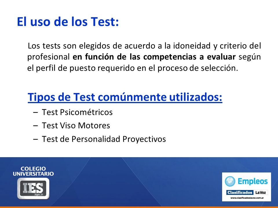 El uso de los Test: Tipos de Test comúnmente utilizados: