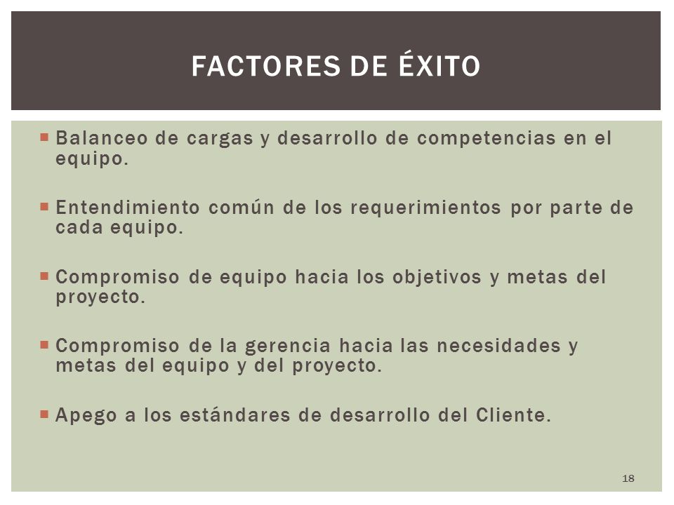 Factores de éxito Balanceo de cargas y desarrollo de competencias en el equipo. Entendimiento común de los requerimientos por parte de cada equipo.