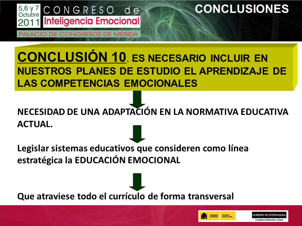 CONCLUSIONES CONCLUSIÓN 10. ES NECESARIO INCLUIR EN NUESTROS PLANES DE ESTUDIO EL APRENDIZAJE DE LAS COMPETENCIAS EMOCIONALES.