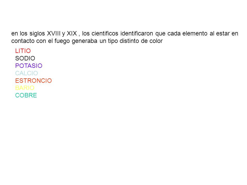 en los siglos XVIII y XIX , los cientificos identificaron que cada elemento al estar en contacto con el fuego generaba un tipo distinto de color