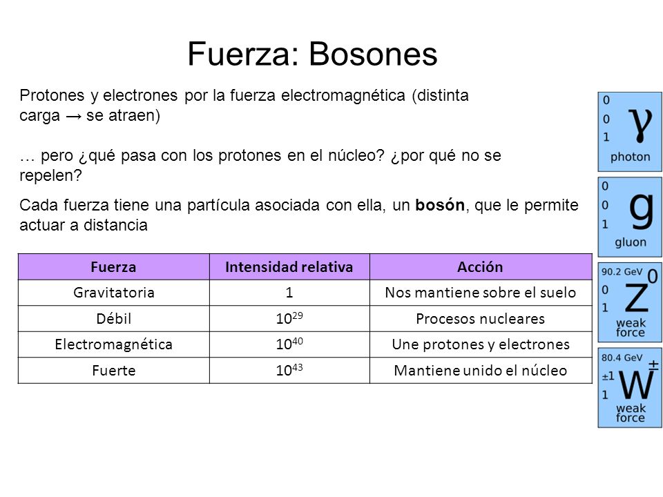 Fuerza: Bosones Protones y electrones por la fuerza electromagnética (distinta carga → se atraen)