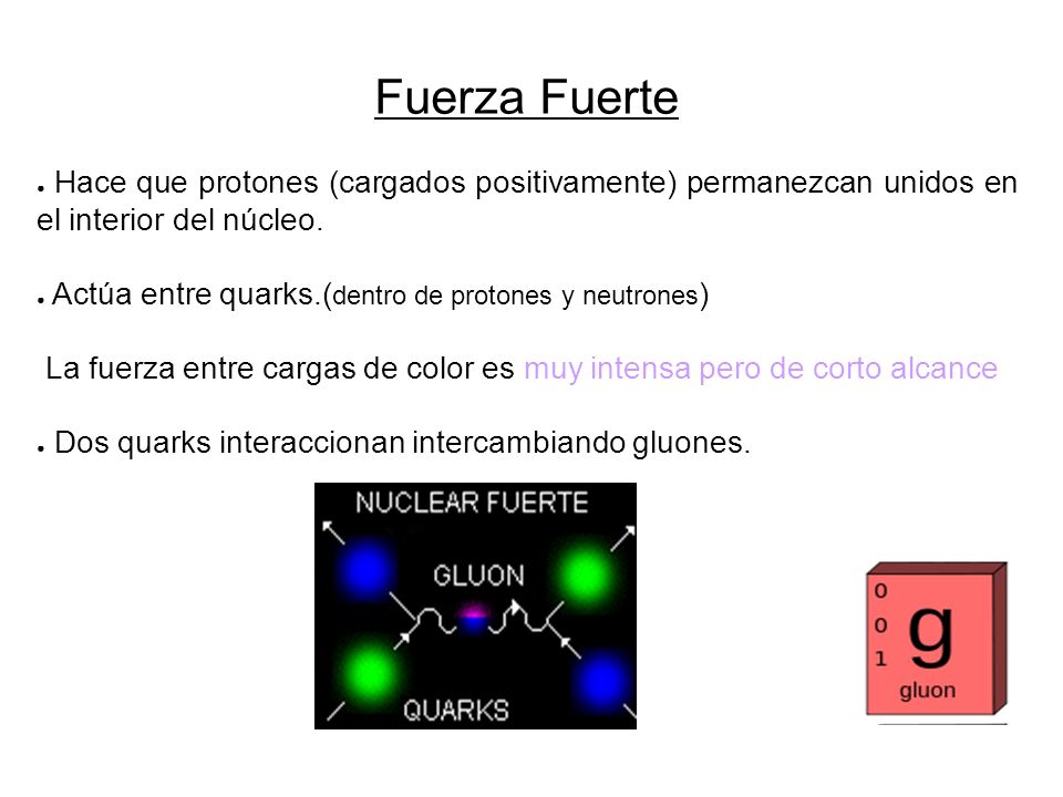 Fuerza Fuerte Hace que protones (cargados positivamente) permanezcan unidos en el interior del núcleo.