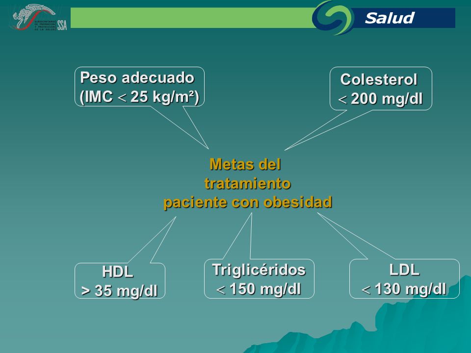 Peso adecuado (IMC  25 kg/m²) Colesterol  200 mg/dl Metas del